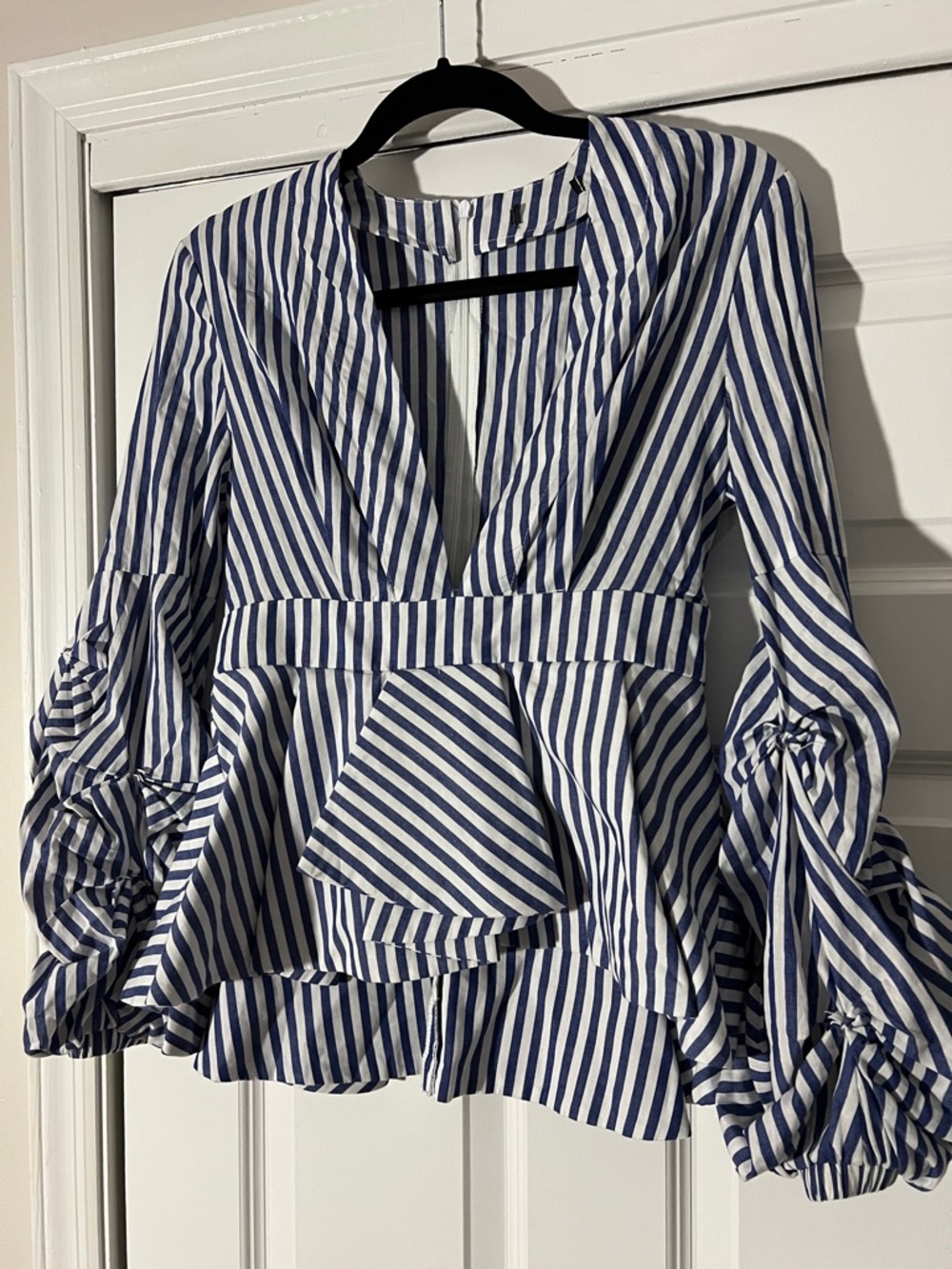 Striped V-Neck Peplum Blouse in Blue and White
